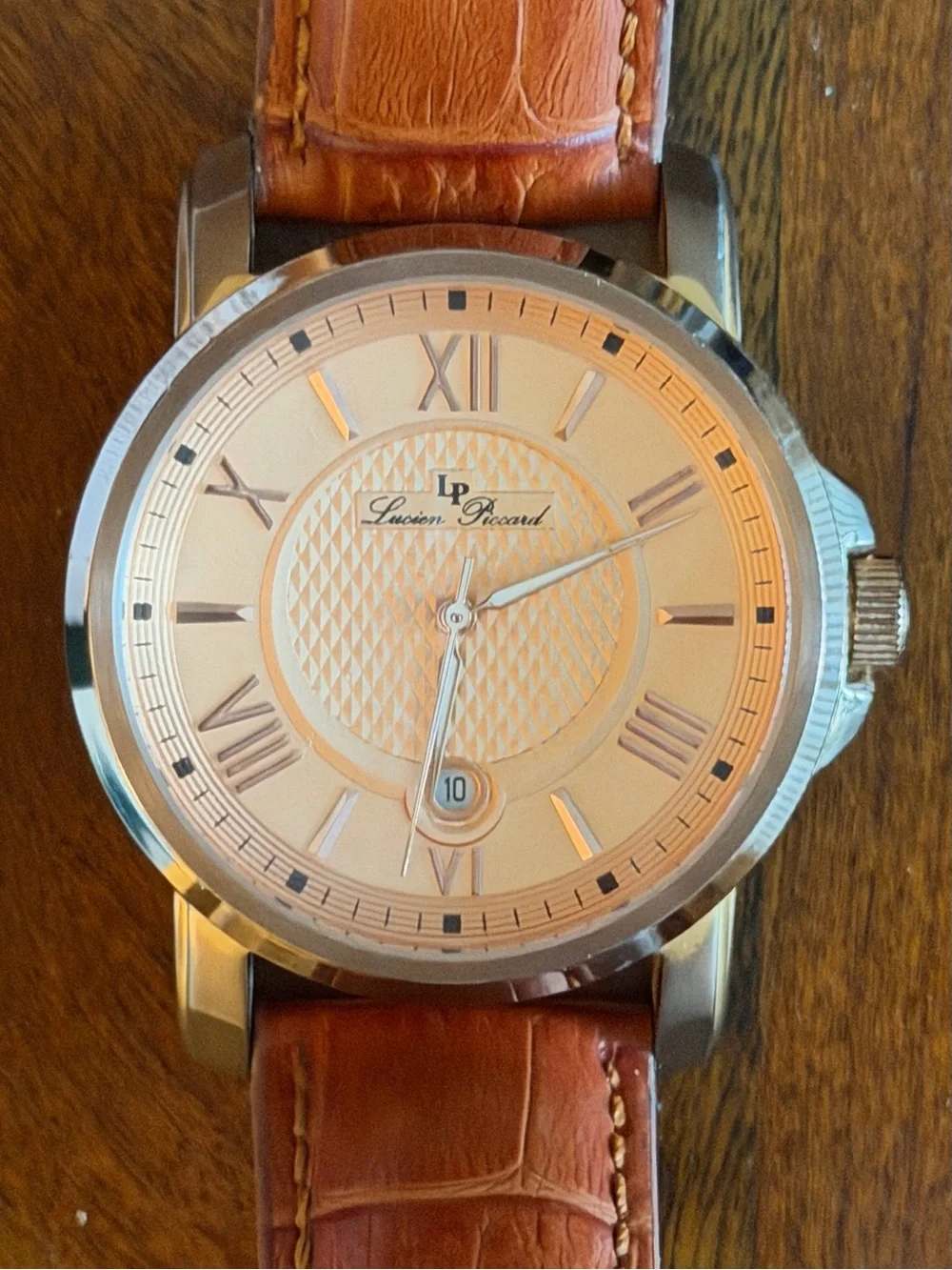 Lucien Piccard Men’s Quartz Watch - Textured Rose Gold Dial - Leather Strap